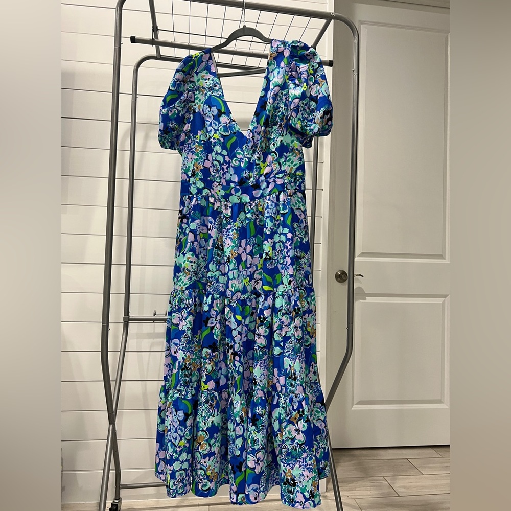 Lilly Pulitzer Grace Tiered Midi Dress Blue Grotto Twilight Tropics Size 14